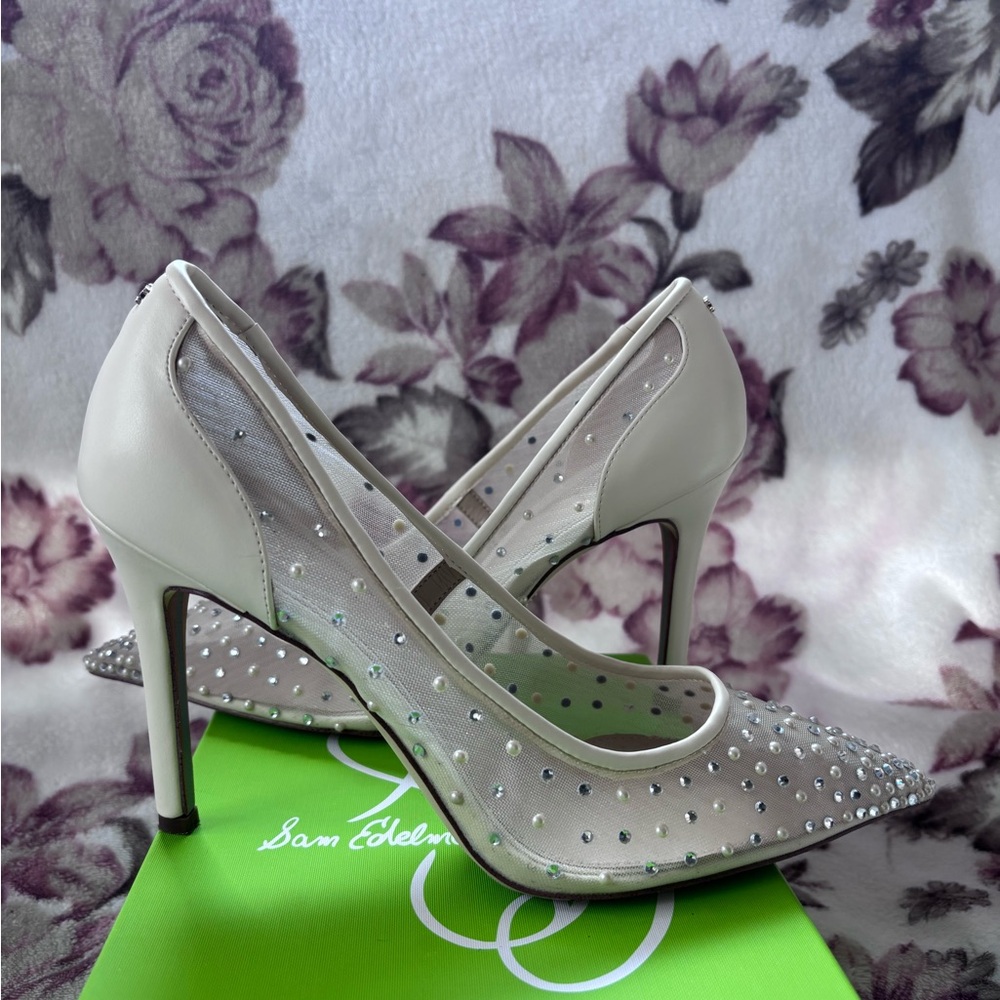 Sam Edelman White and Silver Studded Heels